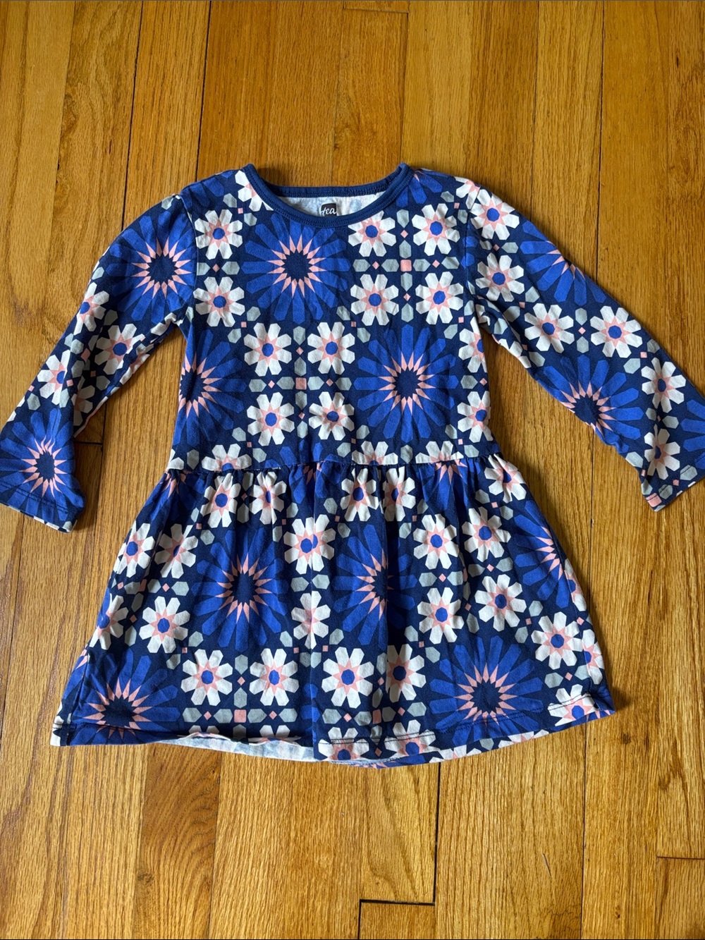 Tea Collection Navy and Pink Floral Knit Tile Print Long-Sleeve Dress